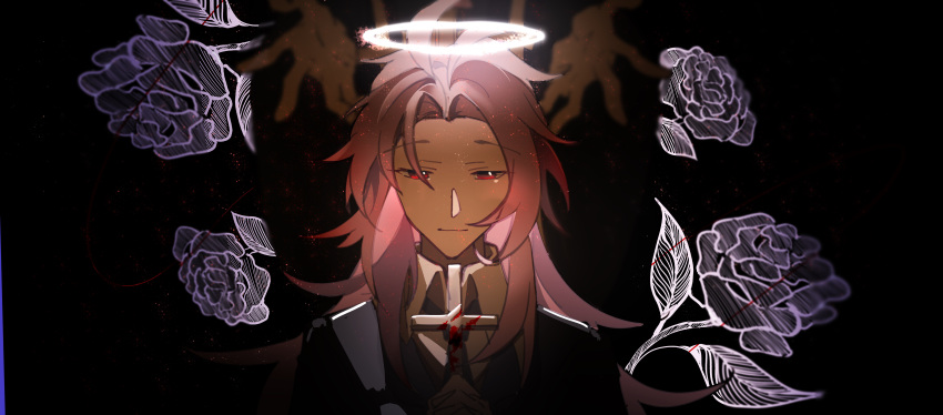 2boys absurdres anmeixiudeg black_jacket black_necktie blood chinese_commentary closed_mouth collared_shirt commentary_request cross flower hatsutori_hajime highres holding holding_cross jacket light_particles long_hair looking_at_viewer male_focus multiple_boys necktie out_of_frame pink_hair rose saibou_shinkyoku shirt smile solo_focus utsugi_noriyuki white_shirt
