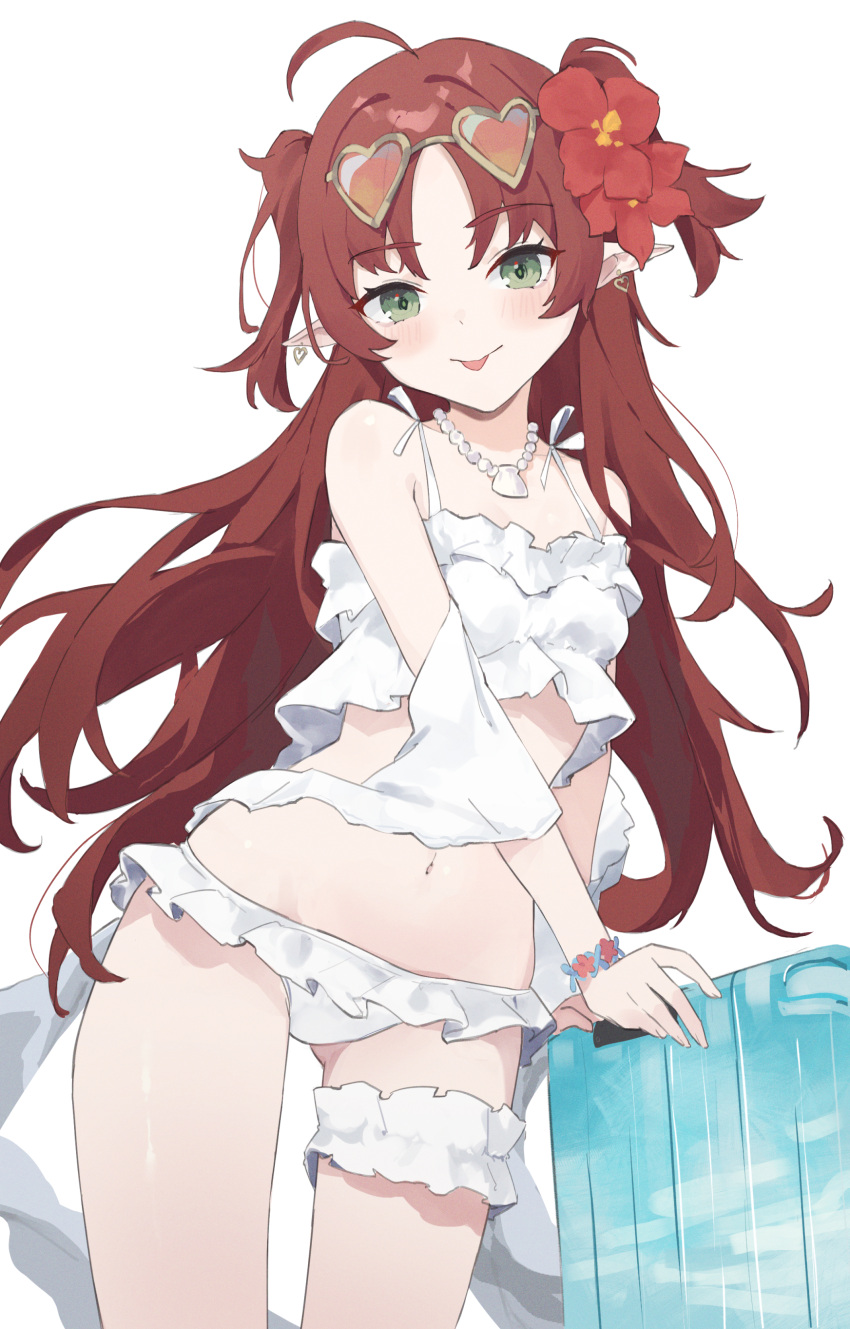 1girl absurdres ahoge arknights arm_support bikini blush breasts commentary cowboy_shot earrings english_commentary eyewear_on_head frilled_bikini frills green_eyes heart heart-shaped_eyewear heart_earrings highres jewelry messy_hair myrtle_(arknights) myrtle_(summer_flowers)_(arknights) nihnfinite8 official_alternate_costume orange-framed_eyewear pointy_ears red_hair simple_background small_breasts solo swimsuit thigh_garter tinted_eyewear tongue tongue_out waveboard white_background white_bikini