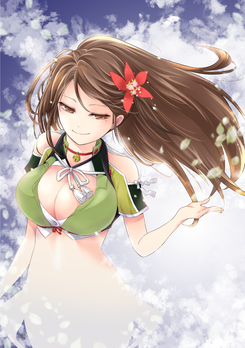1girl absurdres amagi_(kancolle) breasts brown_eyes brown_hair cleavage cleavage_cutout clothing_cutout flower green_shirt hair_ornament highres kantai_collection large_breasts leaf leaf_hair_ornament long_hair maple_leaf matsuura@parao red_flower shirt solo upper_body