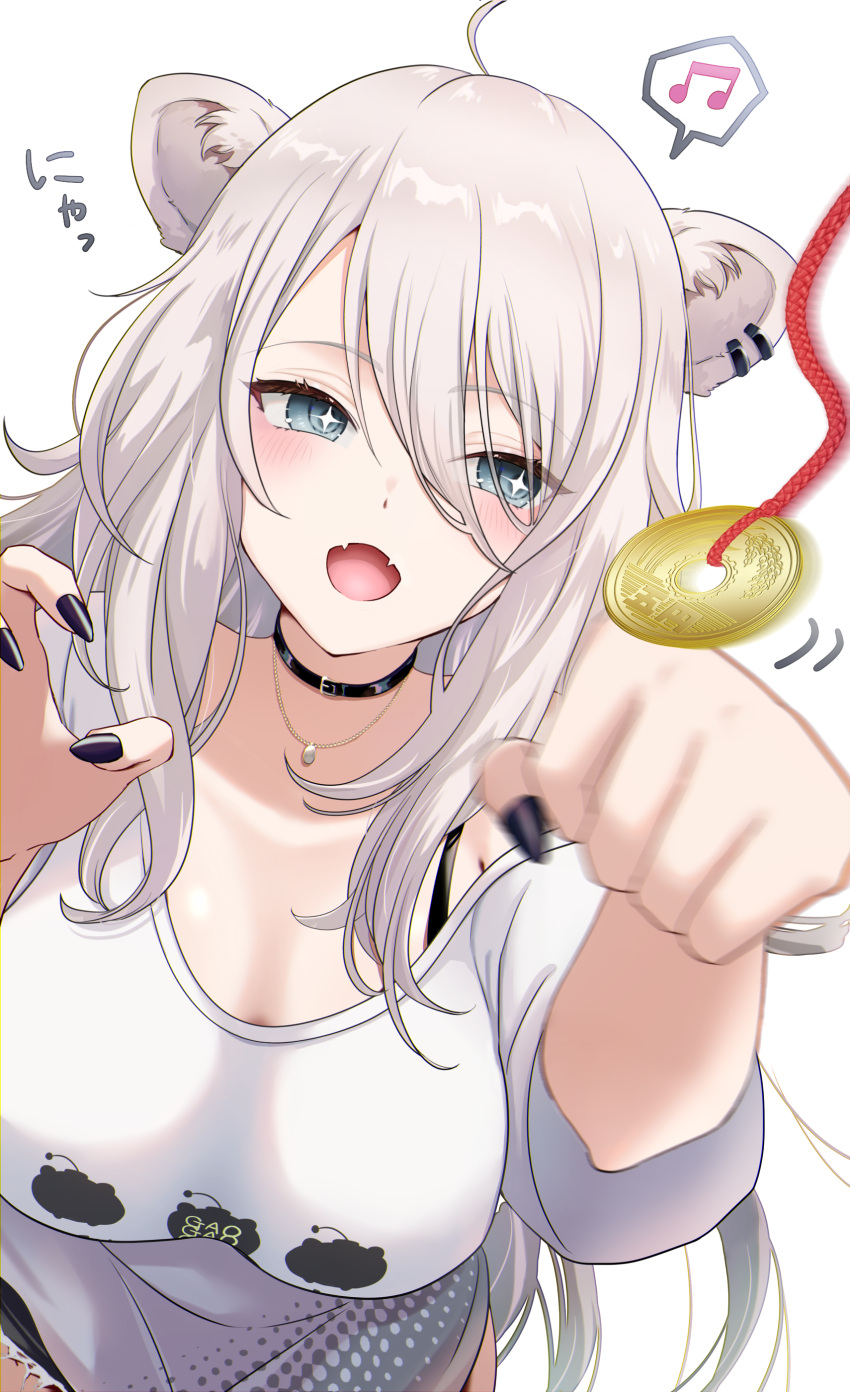 +_+ 1girl absurdres ahoge animal_ears beamed_eighth_notes black_choker black_nails blush breasts choker claw_pose coin coin_on_string commentary_request grey_eyes hair_between_eyes hands_up heart highres holed_coin hololive hypnosis jewelry kudoukudokudo large_breasts lion_ears lion_girl long_hair mind_control musical_note necklace open_mouth partial_commentary shirt shishiro_botan shishiro_botan_(3rd_costume) simple_background solo spoken_musical_note very_long_hair white_background white_shirt