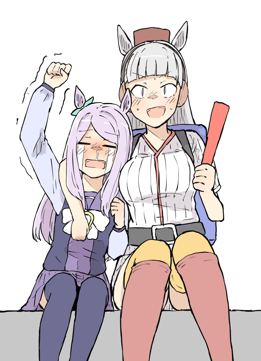 2girls =_= alternate_costume animal_ears arm_up belt black_belt blunt_bangs breasts crying ear_ribbon facing_ahead feet_out_of_frame gold_ship_(umamusume) green_ribbon grey_hair hanshin_tigers highres horse_ears horse_girl large_breasts long_hair mejiro_mcqueen_(umamusume) multiple_girls nekomimi_sukinosuke nippon_professional_baseball orange_thighhighs pillbox_hat pleated_skirt purple_eyes purple_hair purple_shirt purple_skirt purple_thighhighs ribbon sailor_collar sailor_shirt school_uniform shirt simple_background sitting skirt swept_bangs thighhighs tracen_school_uniform umamusume white_background