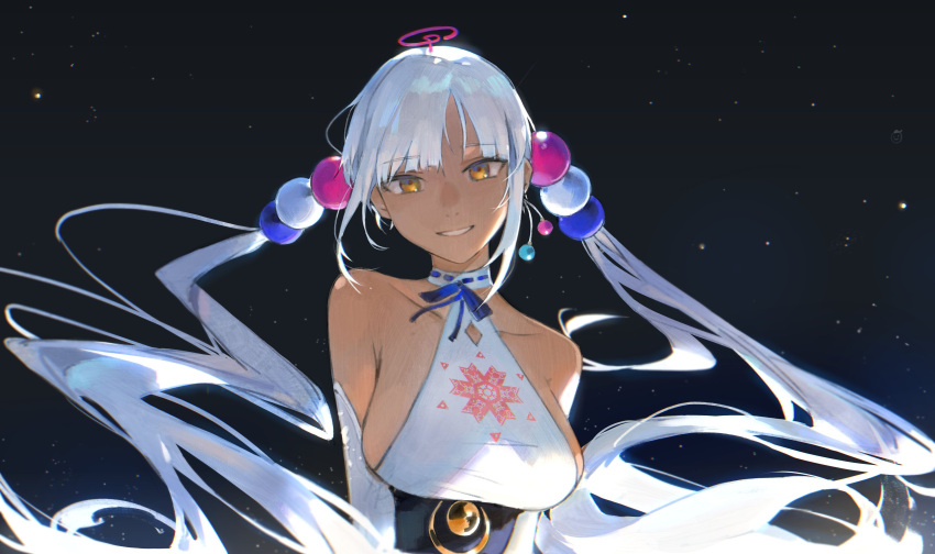 1girl absurdres blue_ribbon breasts choker dark-skinned_female dark_skin earrings elbow_gloves gloves hair_ornament highres hololive hololive_english jewelry large_breasts limiter_(tsukumo_sana) long_hair looking_at_viewer lucadark_art night night_sky planet_hair_ornament ribbon sideboob sky sleeveless smile solo star_(sky) starry_sky teeth tsukumo_sana tsukumo_sana_(1st_costume) twintails upper_body very_long_hair virtual_youtuber white_choker white_gloves white_hair yellow_eyes