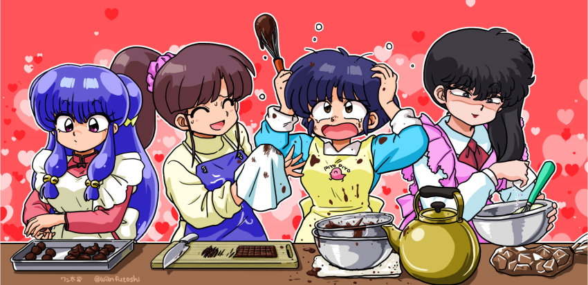 4girls apron blue_hair breasts brown_hair chinese_clothes chocolate closed_eyes cooking highres knife kunou_kodachi kuonji_ukyou lips messy_hair multiple_girls open_mouth ranma_1/2 red_background shampoo_(ranma_1/2) short_hair tendou_akane wanta_(futoshi)