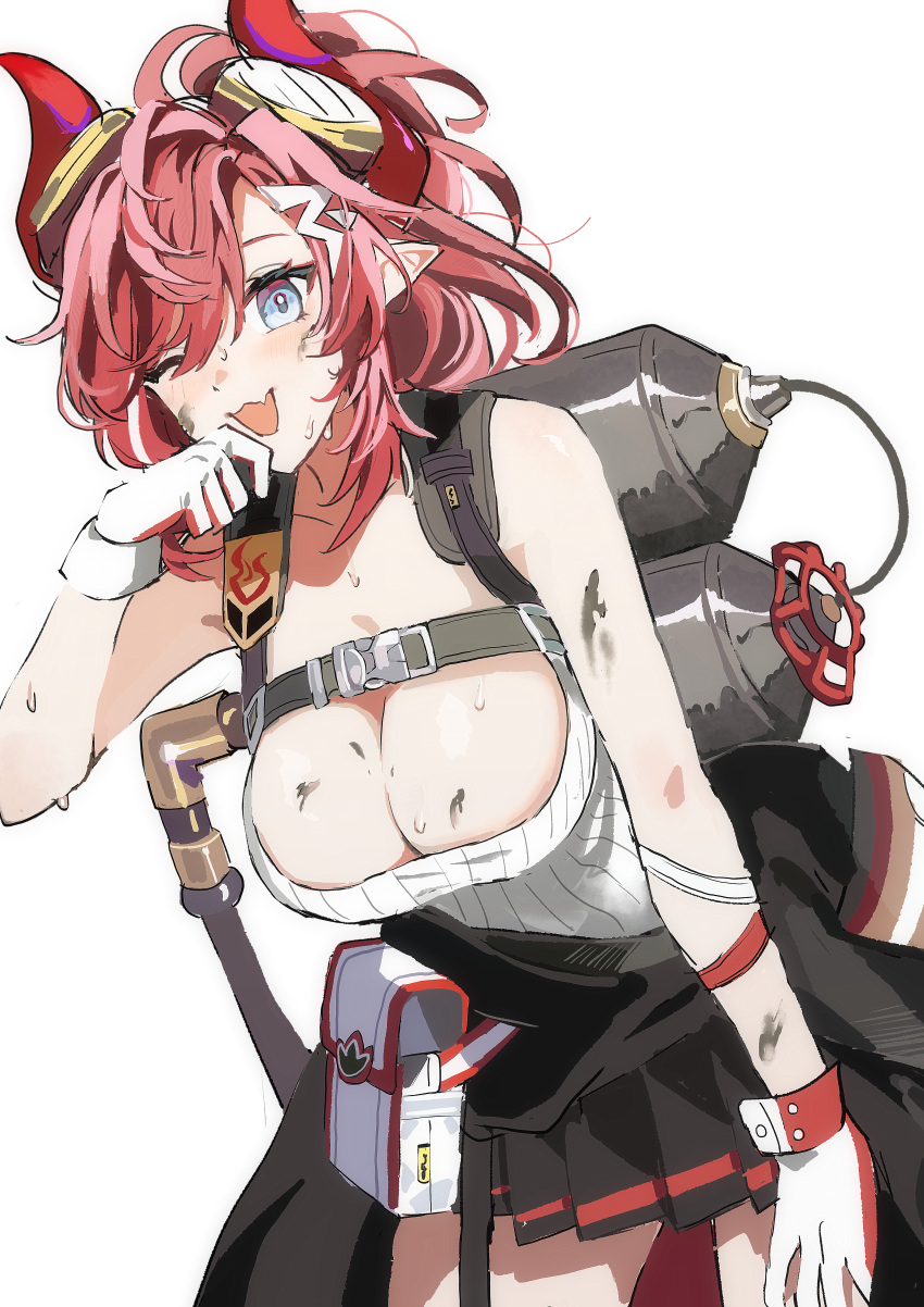 absurdres blue_archive blue_eyes breasts cleavage clothes_around_waist dirty enshuritsu_(eureka0811) fang gas_tank goggles goggles_on_head highres horns large_breasts megu_(blue_archive) one_eye_closed pointy_ears red_hair ribbed_shirt shirt skin_fang sweat two-tone_gloves white_background