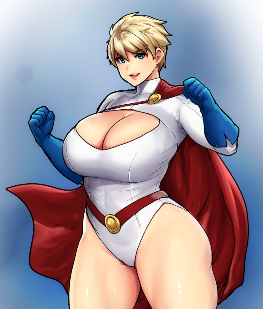 1girl alternate_hair_length alternate_hairstyle blonde_hair blue_eyes blue_gloves breasts cape cleavage_cutout clothing_cutout covered_navel dc_comics erkaz gloves gradient_background hands_up highleg highleg_leotard highres huge_breasts leotard looking_at_viewer parted_lips power_girl red_cape short_hair smile solo superman_(series) white_leotard