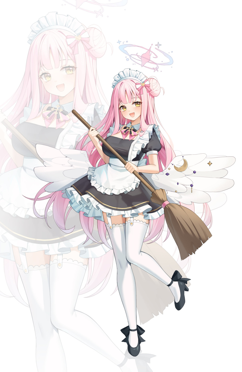 1girl absurdres alternate_costume angel_wings apron black_dress black_footwear blue_archive blush breasts broom crescent crescent_pin dress enmaided feathered_wings frilled_apron frilled_dress frills hair_bun halo high_heels highres holding holding_broom large_breasts long_hair maeng-i_(meng-e) maid maid_apron maid_headdress mika_(blue_archive) open_mouth pink_hair pink_halo puffy_short_sleeves puffy_sleeves short_sleeves single_side_bun smile solo thighhighs white_apron white_thighhighs white_wings wings yellow_eyes zoom_layer