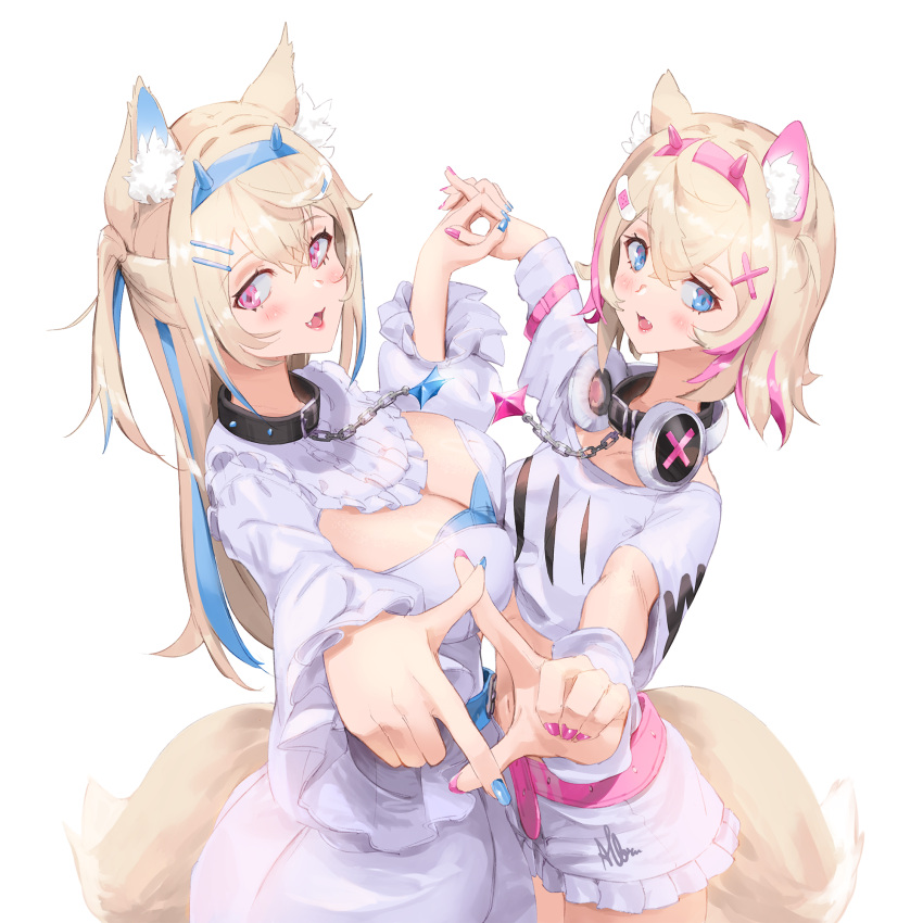 2girls :3 :d albreo animal_ear_fluff animal_ears belt black_collar blonde_hair blue_belt blue_eyes blue_hair blue_nails blush breasts cleavage_cutout clothing_cutout collar cropped_shirt dog_ears dog_girl dog_tail dress fang fuwawa_abyssgard hair_ornament hairpin headphones headphones_around_neck highres holding_hands hololive hololive_english large_breasts long_hair medium_hair mococo_abyssgard multicolored_hair multiple_girls nail_polish open_mouth pink_belt pink_eyes pink_hair pink_nails shirt short_shorts shorts siblings sisters small_breasts smile spiked_collar spikes streaked_hair tail twins virtual_youtuber white_dress white_shirt white_shorts x_hair_ornament
