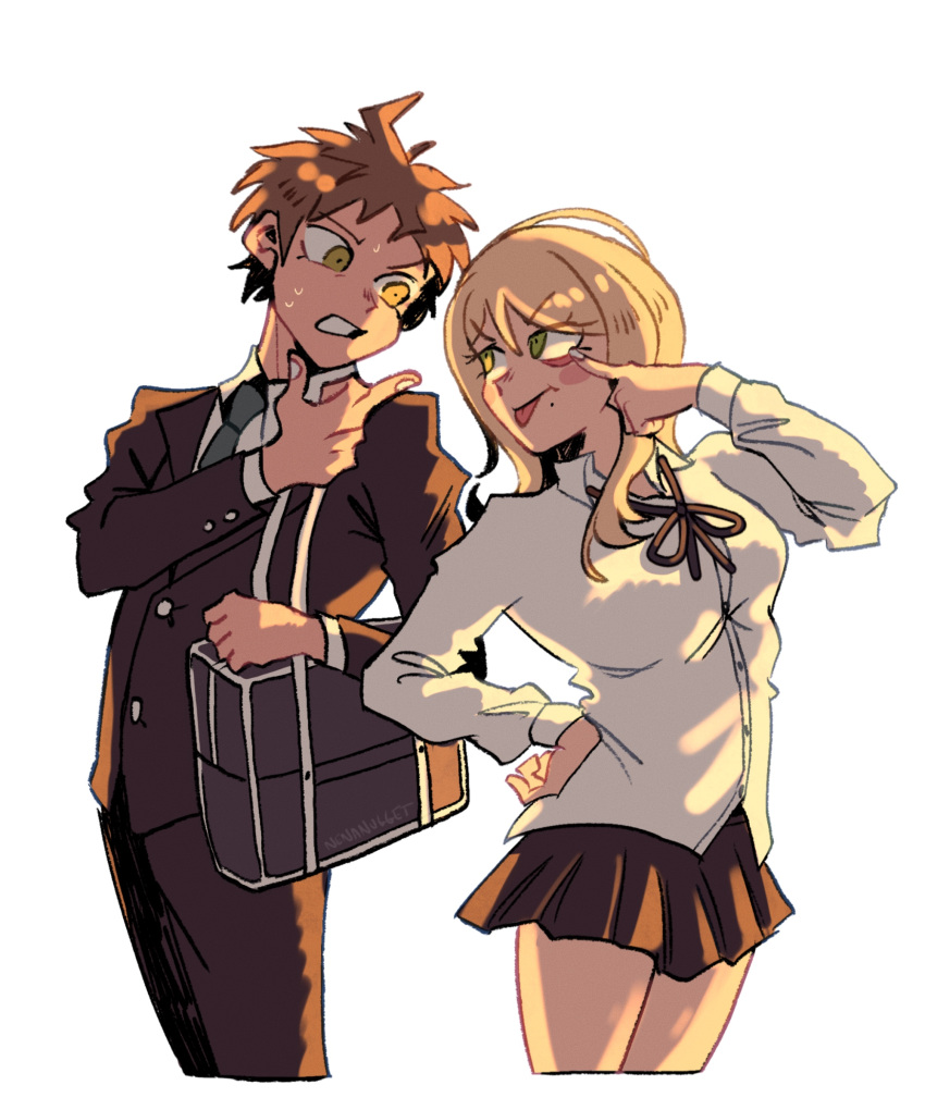 1boy 1girl :p absurdres ahoge bag black_ribbon blonde_hair blush_stickers breasts brown_hair brown_jacket brown_pants brown_skirt cowboy_shot cropped_legs danganronpa_(series) danganronpa_3_(anime) dress_shirt green_eyes grey_background highres hinata_hajime jacket kuzuryuu_natsumi large_breasts long_sleeves looking_at_another miniskirt mole mole_under_mouth neck_ribbon nena_(nenanugget) pants ribbon shirt short_hair shoulder_bag simple_background skirt sweat tongue tongue_out