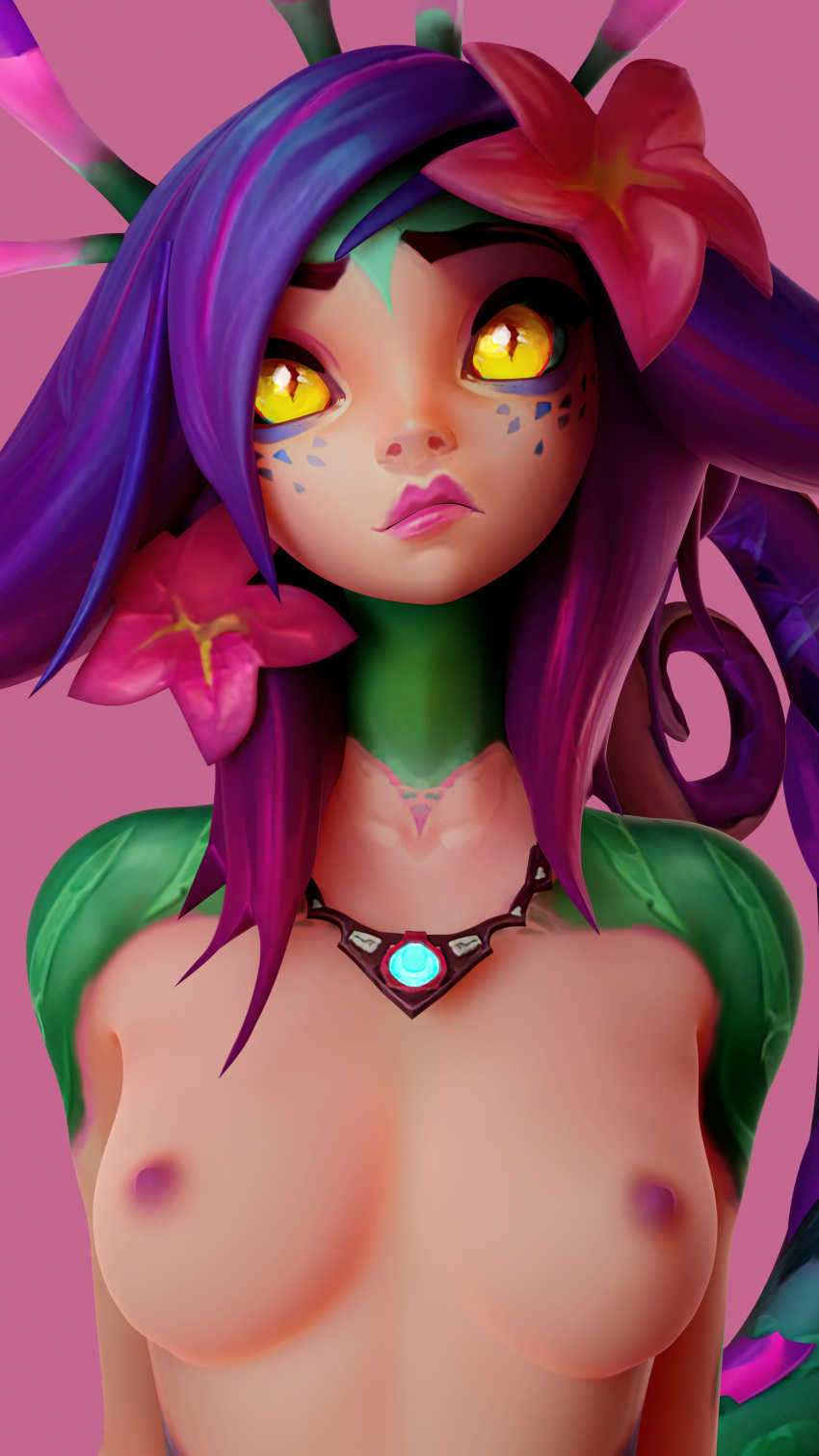 3d_(artwork) absurd_res accessory animal_humanoid areola breasts chameleon_humanoid digital_media_(artwork) eyelashes female flower flower_in_hair freckles front_view green_body green_scales green_sclera greyarea55 hair hair_accessory hi_res humanoid jewelry lips lizard_humanoid necklace neeko_(lol) nipples nude pink_areola pink_background pink_lips pink_nipples plant pupils reptile reptile_humanoid scales scalie scalie_humanoid simple_background slit_pupils solo tan_body tan_skin yellow_eyes