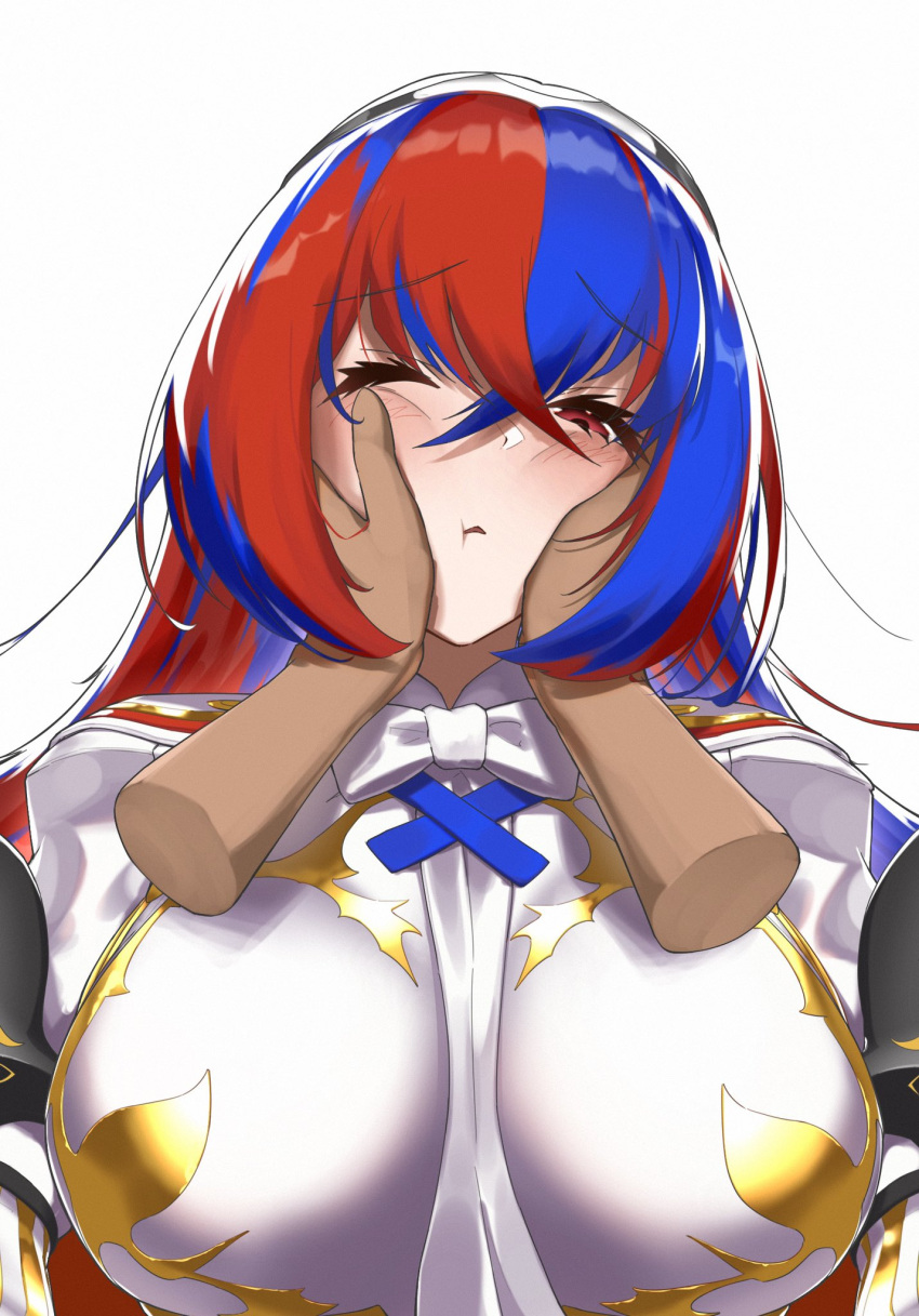 1girl alear_(female)_(fire_emblem) alear_(fire_emblem) blue_hair breasts closed_mouth crossed_bangs disembodied_limb fire_emblem fire_emblem_engage hand_on_another's_cheek hand_on_another's_face highres large_breasts looking_at_viewer monoi_daru multicolored_hair one_eye_closed red_eyes red_hair solo_focus two-tone_hair