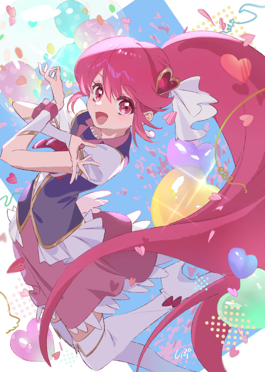 1girl absurdres aino_megumi balloon boots bow commentary_request cure_lovely footwear_bow hair_ornament happinesscharge_precure! heart heart_balloon heart_hair_ornament highres long_hair magical_girl pink_eyes pink_hair pink_skirt ponytail precure puffy_short_sleeves puffy_sleeves shipu_(gassyumaron) short_sleeves skirt solo thigh_boots very_long_hair white_footwear