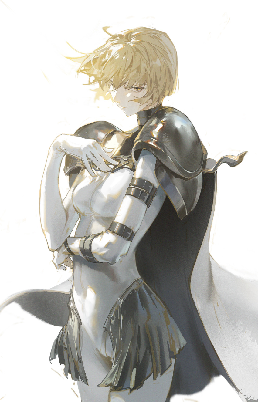 1girl absurdres armor blonde_hair bodysuit breasts cape clare_(claymore) claymore_(series) cowboy_shot dino_(dinoartforame) faulds frown grey_skirt hand_on_own_chest highres looking_at_viewer medium_breasts pauldrons short_hair shoulder_armor simple_background skirt solo swept_bangs white_background white_bodysuit white_cape yellow_eyes