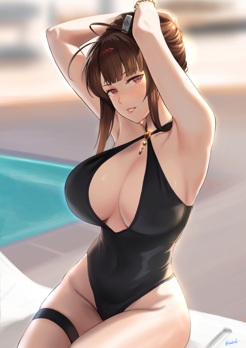 1girl armpits arms_up artist_name black_one-piece_swimsuit blurry breasts brown_eyes brown_hair depth_of_field dsr-50_(girls'_frontline) girls'_frontline highres kion-kun looking_at_viewer one-piece_swimsuit short_hair solo swimming swimsuit thighs