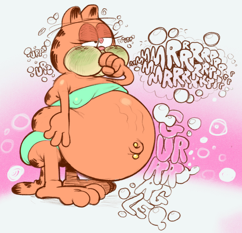 anthro belly bomkragg bubble burping clothed clothing covering covering_mouth dipstick_tail domestic_cat eyelashes feet felid feline felis fur garfield_(series) garfield_the_cat green_cheeks hi_res huge_belly male mammal markings navel navel_piercing onomatopoeia orange_body orange_fur overweight overweight_anthro overweight_male piercing pink_nose round_ears rumbling_stomach simple_background skimpy solo sound_effects standing tail tail_markings tail_on_ground text toes