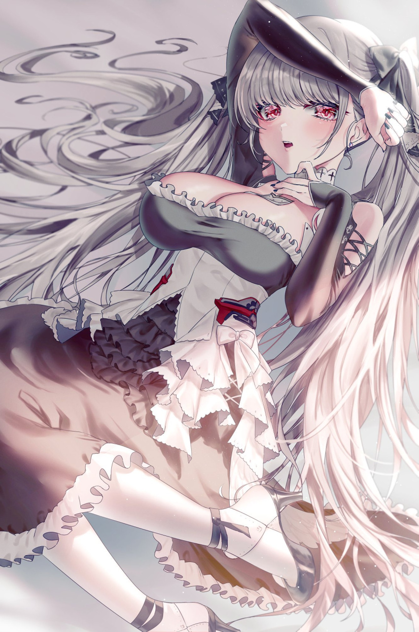 1girl azur_lane black_dress black_footwear black_nails black_ribbon blush breasts cleavage dress formidable_(azur_lane) frilled_dress frills gothic_lolita grey_hair hair_ribbon high_heels highres large_breasts layered_dress lolita_fashion long_hair looking_at_viewer lying on_back open_mouth pantyhose red_eyes ribbon solo teeth trtrpnk twintails two-tone_dress upper_teeth_only very_long_hair white_dress white_pantyhose