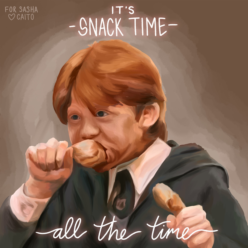 1boy absurdres black_eyes black_jacket black_necktie blurry blurry_background border brown_background caitlin_sue chicken_(food) chicken_leg child collared_shirt commentary dedication dual_wielding eating english_commentary english_text food hands_up harry_potter_(series) harry_potter_and_the_philosopher's_stone highres hogwarts_school_uniform holding indoors jacket long_hair long_sleeves male_child necktie open_mouth orange_hair photo_(medium) ron_weasley school_uniform shirt simple_background solo upper_body white_shirt wizarding_world