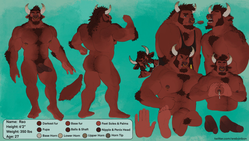 &lt;3 2021 5_toes anthro balls barbell_piercing biceps bodily_fluids bovid bovine butt canid canine canis cattle chest_tuft color_swatch erebonbon facial_hair facial_piercing feet flexing_bicep front_view fur genitals goatee hair heart_gesture hi_res horn hybrid lactating male male_lactation mammal model_sheet muscular muscular_anthro muscular_male nipple_barbell nipple_piercing nipples nose_piercing nose_ring nude open_mouth pecs penis piercing pubes rao_(beefybrorao) rear_view red_body red_fur red_hair ring_piercing septum_piercing septum_ring sideburns solo standing steam_from_nostrils toes tuft wolf yawn