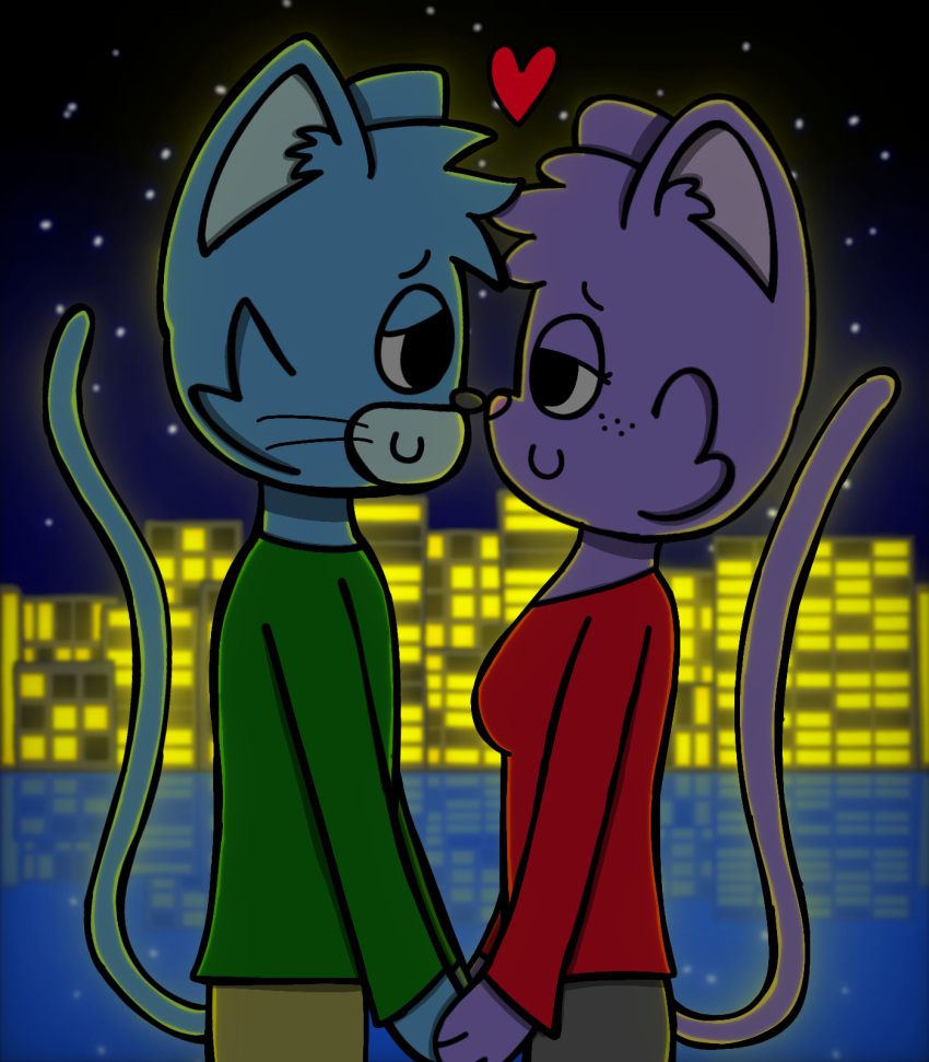 &lt;3 2023 anthro city city_background clothed clothing colored digital_drawing_(artwork) digital_media_(artwork) domestic_cat duo eggnaug eye_contact felid feline felis female freckles fur hair hand_holding happy hi_res looking_at_another looking_at_partner love lucy_(eggnaug) male male/female mammal marshall_(eggnaug) night nose_to_nose romantic romantic_ambiance romantic_couple romantic_night shaded sky smile star starry_sky text url water whiskers wholesome