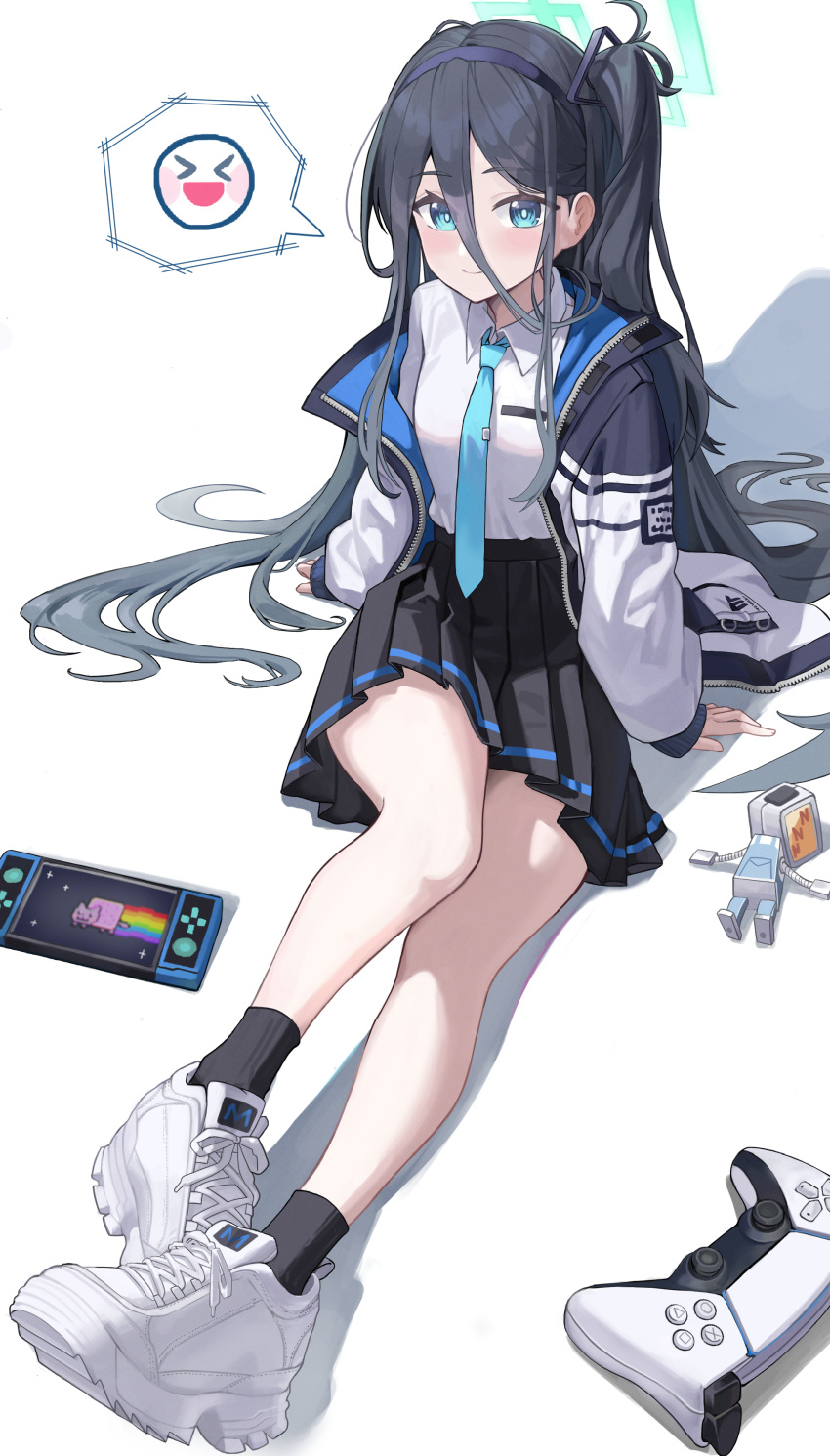 1girl absurdres aris_(blue_archive) black_hair black_hairband black_skirt black_socks blue_archive blue_eyes blue_necktie breasts collared_shirt controller game_controller hair_between_eyes hair_spread_out hairband halo highres jacket letco2766 long_hair long_sleeves looking_at_viewer multicolored_clothes multicolored_jacket necktie nyan_cat one_side_up open_clothes open_jacket pleated_skirt ringed_eyes shirt shoes simple_background sitting skirt sleeves_past_wrists small_breasts smile sneakers socks solo tie_clip very_long_hair white_background white_footwear white_jacket white_shirt