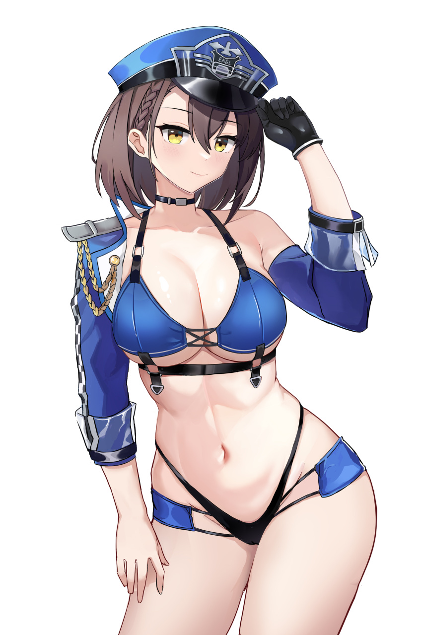 1girl absurdres adjusting_clothes adjusting_headwear azur_lane baltimore_(azur_lane) baltimore_(finish_line_flagbearer)_(azur_lane) bare_shoulders bikini blue_bikini blue_headwear blue_jacket breasts brown_hair chest_harness cleavage cowboy_shot cropped_jacket gloves harness hat highleg highleg_bikini highres jacket jie_lian large_breasts micro_shorts mismatched_bikini navel official_alternate_costume peaked_cap pole race_queen revealing_clothes short_hair shorts simple_background single_glove smile stomach swimsuit white_background yellow_eyes