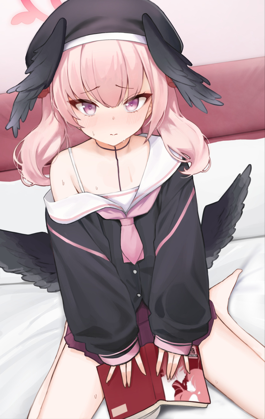 absurdres bed black_headwear black_wings blue_archive commentary_request halo head_wings highres jimwh37 koharu_(blue_archive) low_wings neckerchief pink_halo pink_neckerchief sailor_collar sitting wariza white_sailor_collar wings