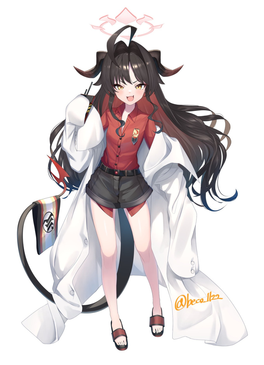 1girl ahoge armband beko_(beco_1122) black_hair black_shorts blue_archive collared_shirt colored_inner_hair commentary_request controller demon_horns demon_tail fang feet flat_chest gradient_hair hair_intakes halo highres horns huge_ahoge kasumi_(blue_archive) lab_coat legs long_hair multicolored_hair narrowed_eyes open_mouth partially_unbuttoned red_hair red_shirt remote_control revision sandals shirt short_shorts shorts simple_background smile solo tail toes translation_request v-shaped_eyebrows very_long_hair wavy_hair white_background
