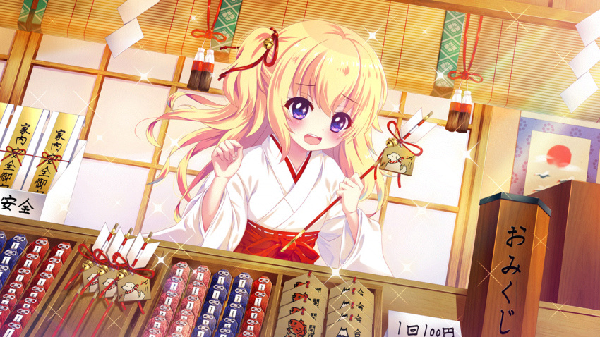 1girl architecture arrow_(projectile) bell bird blinds blonde_hair charm_(object) dog dot_nose dutch_angle east_asian_architecture ema film_grain game_cg hakama hamaya hasegawa_mii indoors izumi_tsubasu japanese_clothes kimono lens_flare long_hair miko non-web_source official_art omamori open_mouth poster_(object) purple_eyes re:stage! red_ribbon red_skirt ribbon shop skirt solo sparkle sparkling_eyes teeth upper_teeth_only white_kimono window