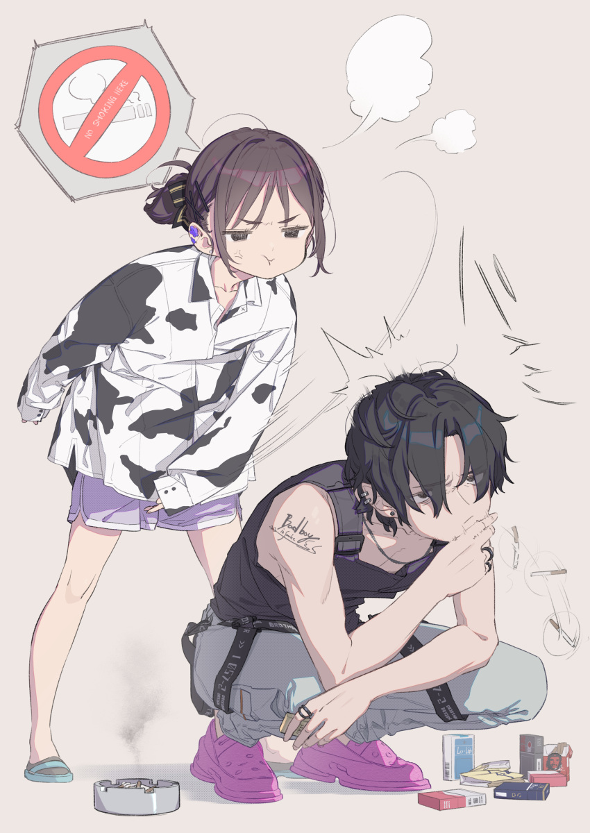 1boy 1girl :t absurdres anger_vein animal_print ashtray black_eyes black_hair black_shirt blue_pants brother_and_sister brown_hair chain_necklace cigarette cigarette_pack closed_mouth commentary_request cow_print earclip earrings goshichi_shoji hair_ornament highres hitting holding holding_lighter jewelry lighter long_sleeves looking_at_another necklace ookawa_ina ookawa_suzuri original pants parted_bangs pink_footwear pout print_shirt ring shirt short_hair short_ponytail shoulder_tattoo siblings simple_background slippers speech_bubble squatting stud_earrings tank_top tattoo x_hair_ornament