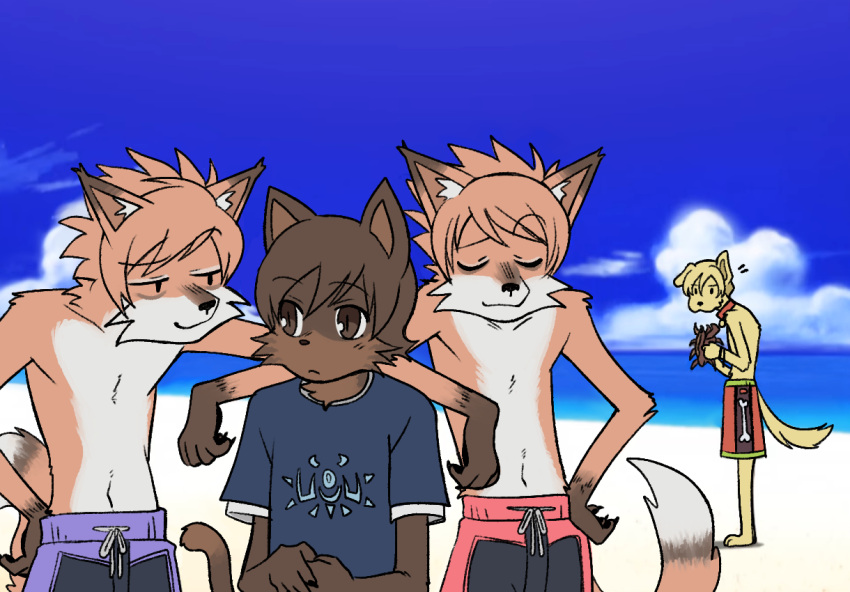 alternate_species ambiguous_gender anthro beach blonde_hair brother_(lore) brown_body brown_eyes brown_fur brown_hair canid canine canis clothed clothing collar dew-creek domestic_cat domestic_dog featureless_chest felid feline felis fox fur furrification group hair haruhi_fujioka hikaru_hitachiin inner_ear_fluff kaoru_hitachiin kemono male mammal orange_body orange_fur orange_hair ouran_high_school_host_club seaside shirt sibling_(lore) smile snout swimming_trunks swimwear t-shirt tail tamaki_suoh topless topless_anthro topless_male topwear tuft twins_(lore) yellow_body yellow_fur