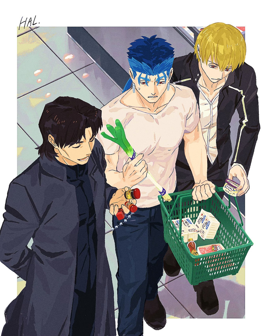 3boys black_coat black_jacket black_pants blonde_hair blue_hair border brown_eyes brown_hair closed_eyes coat cu_chulainn_(fate) fate/stay_night fate_(series) food from_above gilgamesh_(fate) haagen-dazs hal_(haaaalhal) highres holding holding_food holding_vegetable ice_cream indoors jacket kotomine_kirei long_sleeves lower_teeth_only male_focus multiple_boys open_mouth pants pectorals ponytail shirt short_sleeves signature spice spring_onion teeth vegetable white_border white_shirt