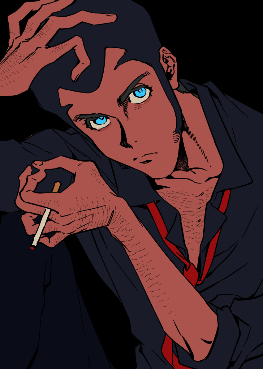 1boy absurdres arm_hair arsene_lupin_iii asymmetrical_sleeves bacchus_lpiii between_fingers black_hair black_pants black_shirt blue_eyes chest_hair cigarette closed_mouth eyelashes frown hand_hair highres holding holding_cigarette knuckle_hair long_sideburns long_sleeves looking_at_viewer lupin_iii male_focus mature_male pants shirt short_hair sideburns