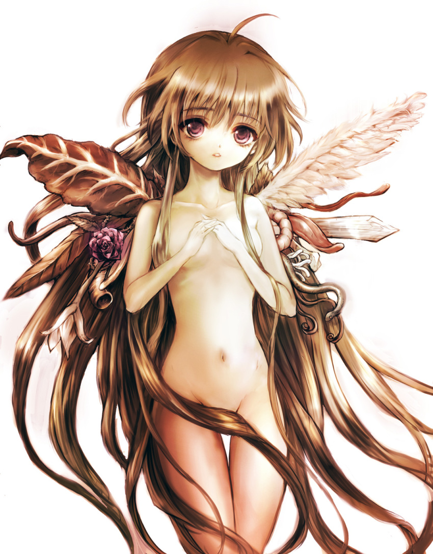1girl absurdly_long_hair ahoge breasts brown_hair commentary_request completely_nude convenient_censoring expressionless feathered_wings flower flower_wings hair_censor highres leaf_wings leche long_hair looking_at_viewer mismatched_wings nude own_hands_together parted_lips plant_wings purple_eyes rose sayonara_wo_oshiete simple_background small_breasts snake solo sugamo_mutsuki tendril thigh_gap tongue very_long_hair white_background white_wings wings