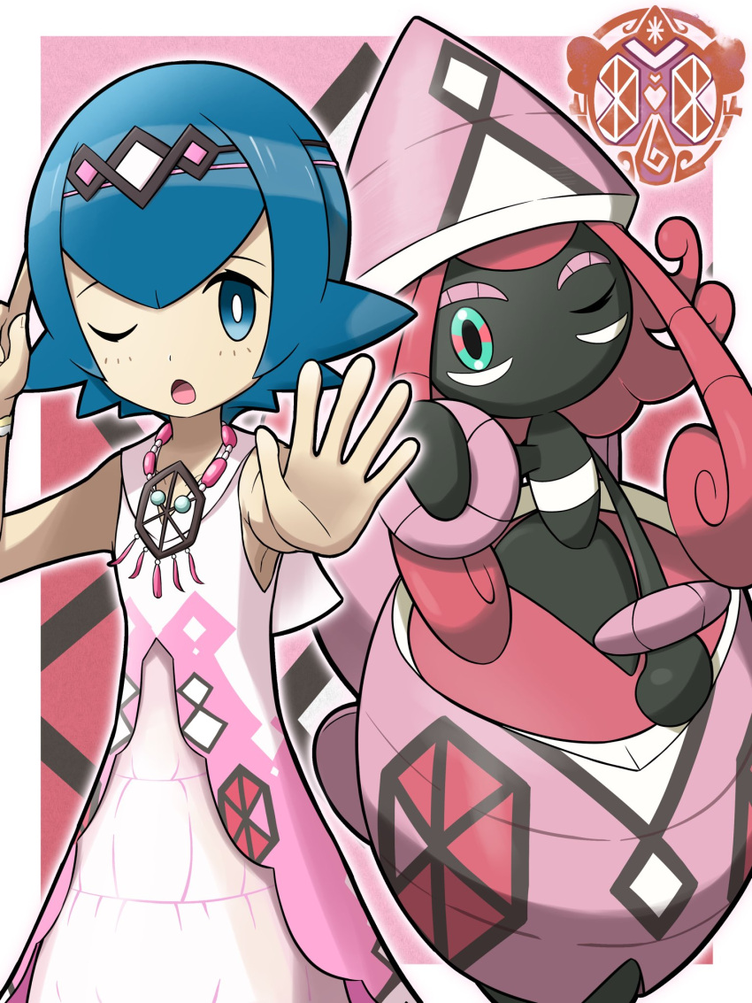 1girl blue_eyes blue_hair border bright_pupils chestnut_mouth dream_catcher dress highres lana_(pokemon) lana_(sygna_suit)_(pokemon) nasubi_shirasu official_alternate_costume one_eye_closed open_mouth outside_border pink_dress pokemon pokemon_(creature) pokemon_(game) pokemon_masters_ex tapu_lele white_border white_pupils z-move_trainer_pose