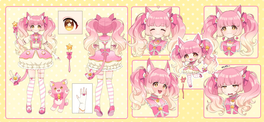 1other :3 :d absurdres animal_ear_fluff animal_ears annoyed arm_at_side arm_up arms_at_sides back_bow bell belt blonde_hair blunt_bangs blush bow bowtie bridal_garter brooch bubble_skirt buttons cat_ears cat_other cat_tail chibi choker closed_eyes closed_mouth cropped_shoulders estella_(millie_(mahoustars)) fingerless_gloves footwear_bow frilled_choker frilled_sailor_collar frilled_skirt frilled_sleeves frills from_behind full_body garter_straps glove_bow gloves gradient_hair hair_bow hair_ornament hand_up happy heel_up highres holding holding_wand jewelry leg_up legs_apart long_hair looking_at_viewer magical_star_(millie_(mahoustars)) mary_janes miniskirt multicolored_hair multiple_views neck_bell open_mouth original other_focus overskirt pigeon-toed pink_belt pink_bow pink_bowtie pink_cat pink_choker pink_footwear pink_hair pink_sailor_collar pink_skirt pink_thighhighs polka_dot polka_dot_background portrait puffy_short_sleeves puffy_sleeves ribbon sailor_collar saito_katuo shirt shoes short_sleeves sidelocks simple_background single_garter_strap skirt smile smug standing star_(symbol) star_hair_ornament star_in_eye straight-on striped striped_thighhighs suspenders sweat symbol_in_eye tail tail_bell tail_bow tail_ornament tail_ribbon thighhighs tied_sleeves twintails very_long_hair wand wavy_hair white_gloves white_thighhighs yellow_background yellow_eyes yellow_shirt yellow_skirt