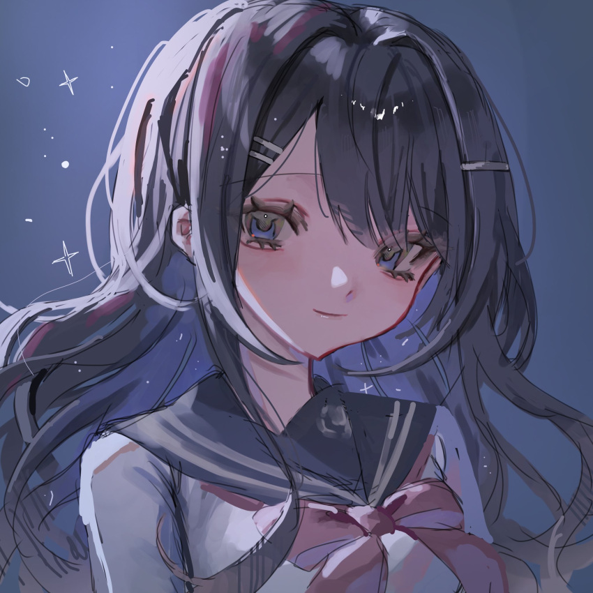 1girl black_hair blue_eyes blue_sailor_collar bow bowtie closed_mouth danganronpa:_trigger_happy_havoc danganronpa_(series) grey_shirt hair_ornament hairclip highres long_hair maizono_sayaka ohn_(hiyu194) pink_bow pink_bowtie sailor_collar shirt smile solo sparkle upper_body