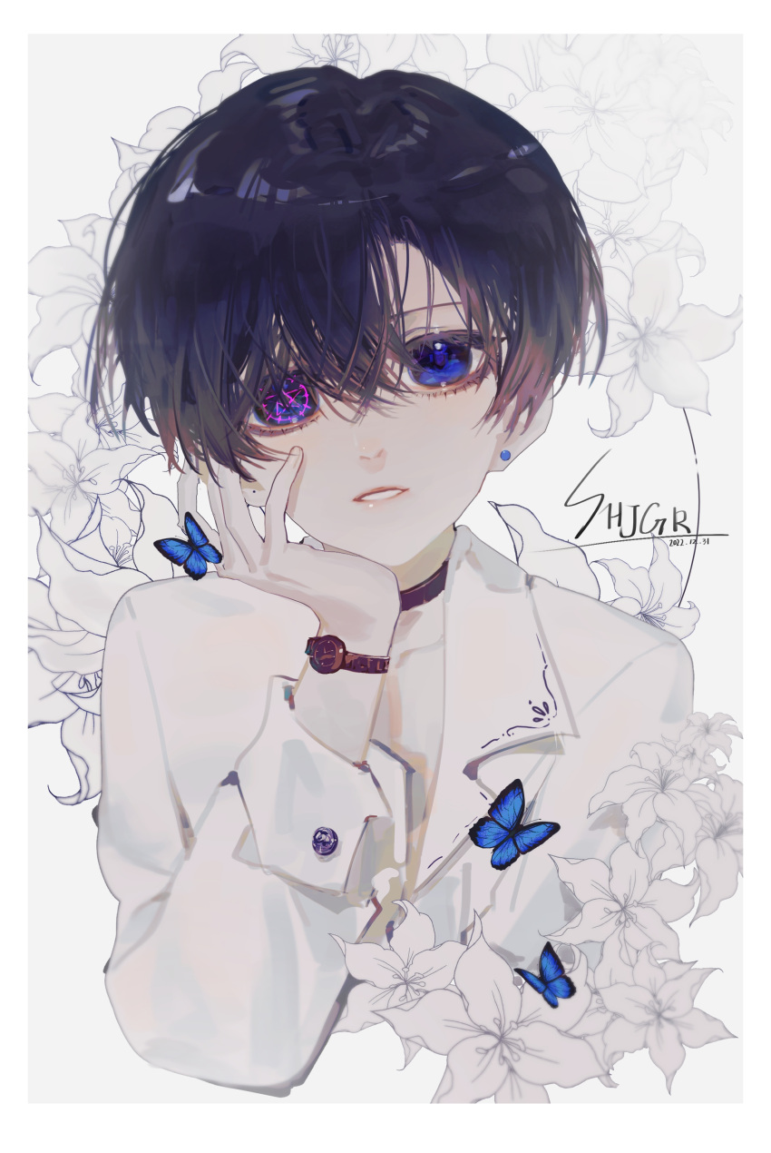 1boy absurdres alternate_costume black_choker black_hair blue_butterfly blue_eyes bug butterfly choker ciel_phantomhive crossed_bangs earrings flower heterochromia highres jewelry kuroshitsuji lily_(flower) looking_at_viewer male_focus shirt short_hair solo stud_earrings upper_body watch white_background white_shirt wristwatch