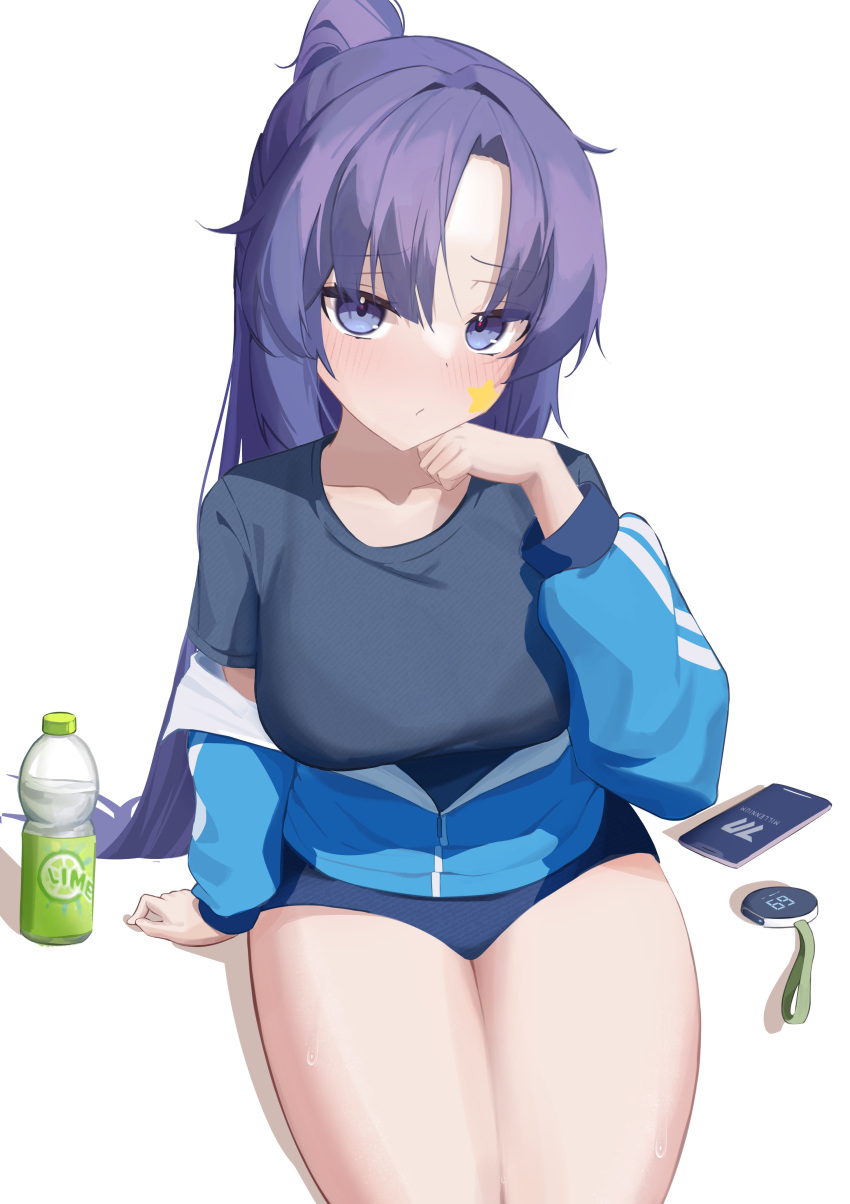 1girl absurdres blue_archive blue_eyes blue_hair blue_jacket blue_shirt blue_shorts blush bottle breasts buruma commentary gym_uniform hand_on_ground hand_on_own_cheek hand_on_own_face hand_up highres jacket jacket_partially_removed large_breasts long_hair looking_at_viewer mixed-language_commentary official_alternate_costume partially_unzipped ponytail ryoya shirt short_sleeves shorts simple_background sitting solo star_sticker water_bottle white_background yuuka_(blue_archive) yuuka_(track)_(blue_archive)