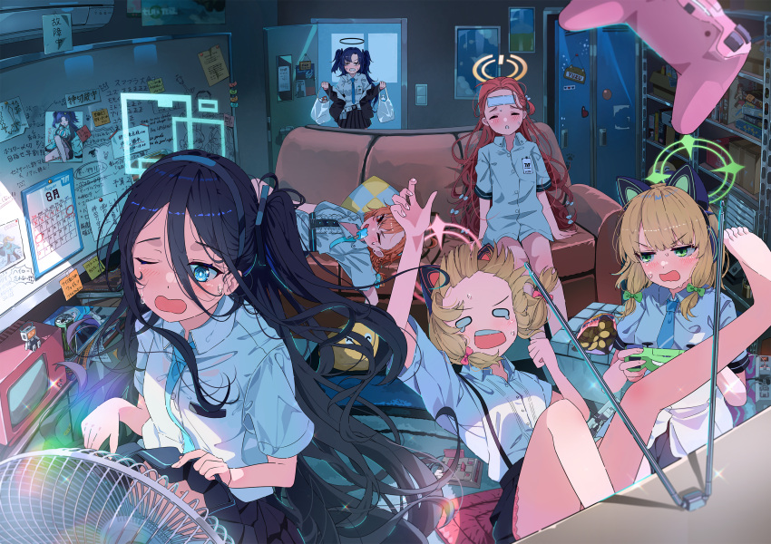 &lt;key&gt;_(robot)_(blue_archive) 6+girls animal_ear_headphones animal_ears aris_(blue_archive) bag black_hair blonde_hair blue_archive blush calendar_(object) cat_ears clothes_lift controller couch electric_fan fake_animal_ears food game_controller game_development_department_(blue_archive) halo headphones highres holding holding_bag holding_food holding_ice_cream hot ice_cream indoors jitome locker looking_at_another looking_at_object lying messy_room midori_(blue_archive) momoi_(blue_archive) multiple_girls neru_(blue_archive) o_o on_back on_couch orange_hair plastic_bag playing_games popsicle purple_hair sakatsuki_yakumo school_uniform shirt short_sleeves sitting skirt skirt_lift sweatdrop tears television white_shirt whiteboard yuuka_(blue_archive) yuzu_(blue_archive)