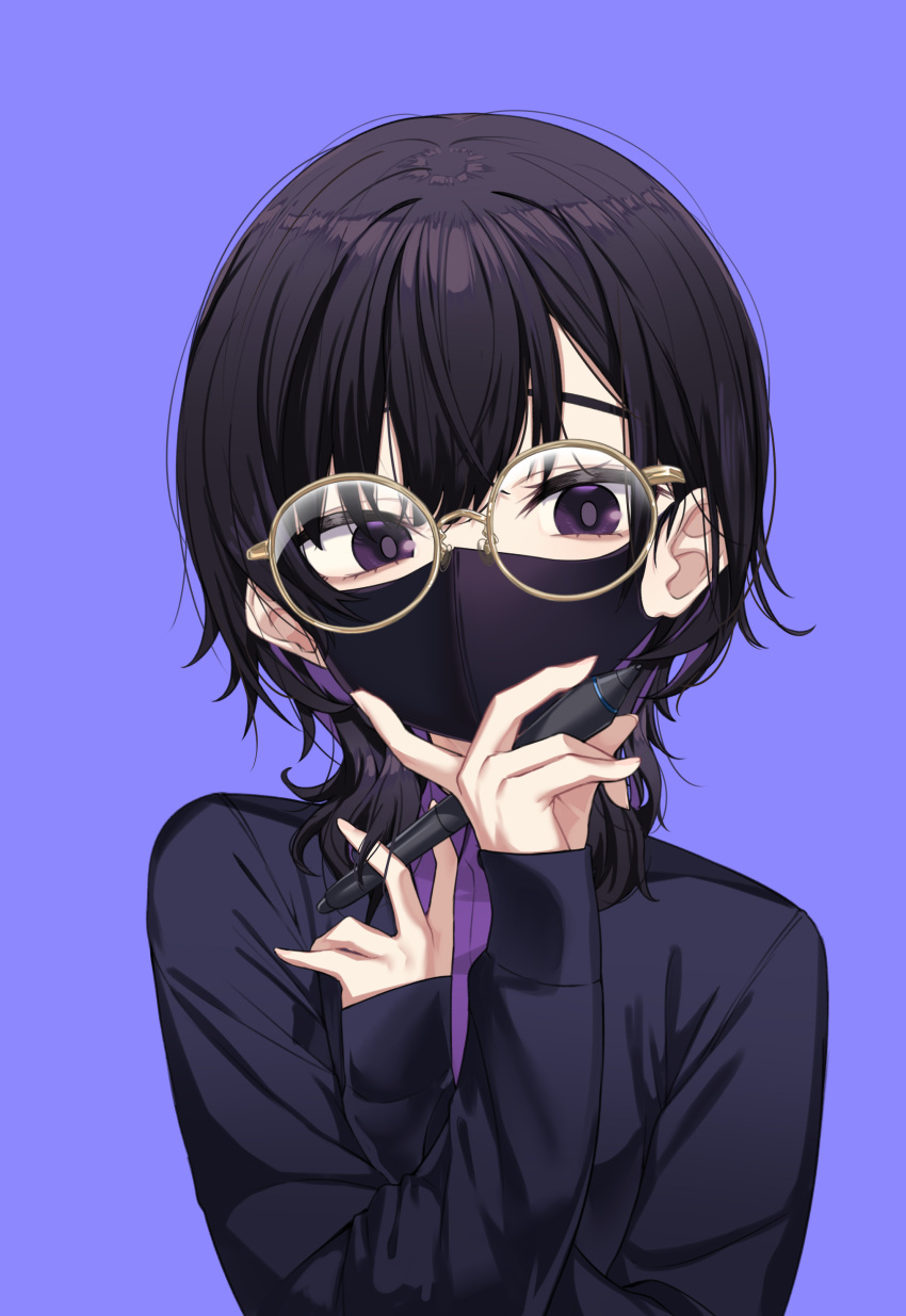 1girl absurdres black_hair black_jacket blue_background brown-framed_eyewear collared_shirt dress_shirt glasses hair_between_eyes hands_up highres holding holding_stylus ivan_wang jacket long_sleeves looking_at_viewer mask mouth_mask open_clothes open_jacket original purple_eyes purple_shirt round_eyewear shirt simple_background sleeves_past_wrists solo stylus