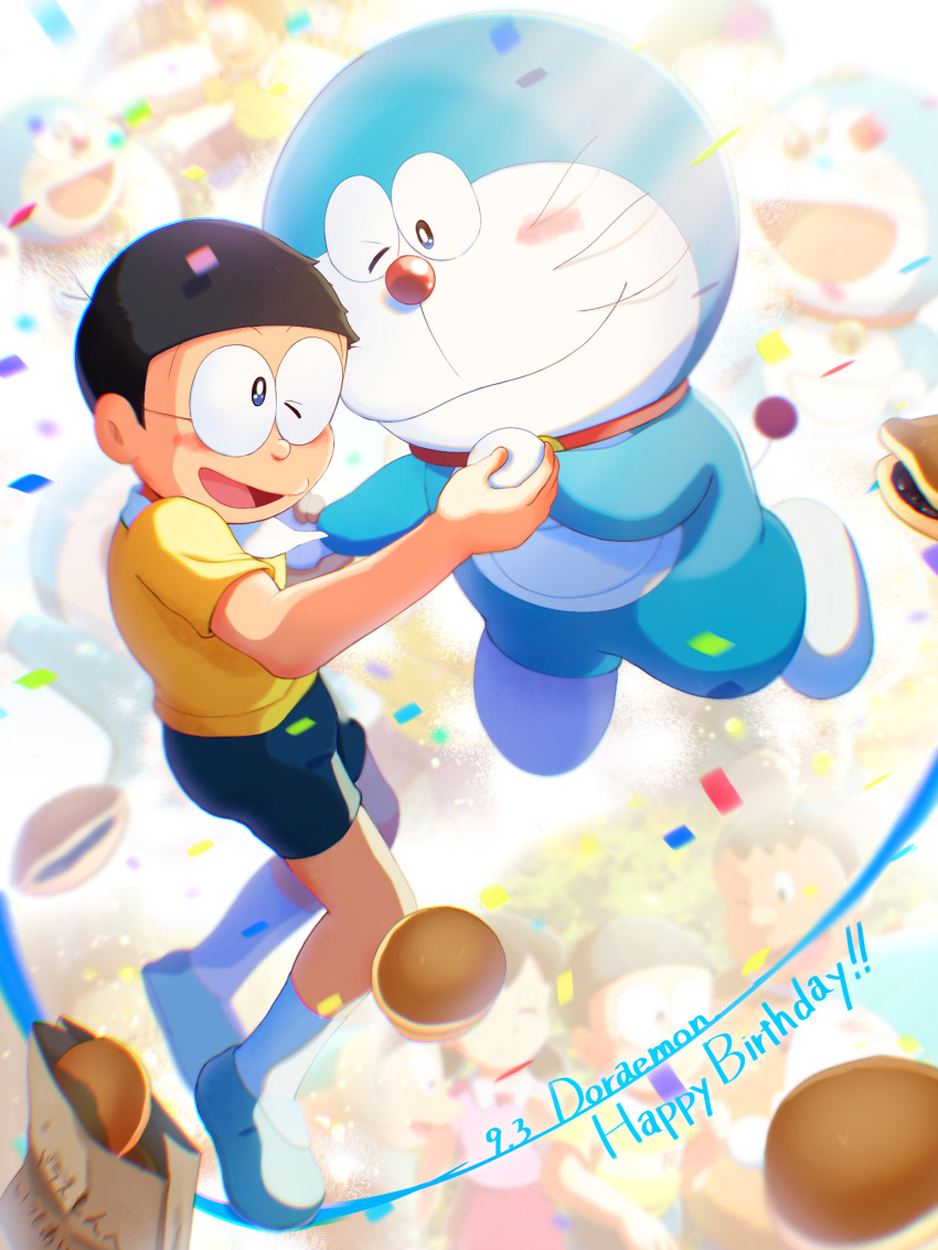 1girl 2boys ;d bag birthday black_eyes black_hair blue_footwear blue_shorts blurry blurry_background blush bright_pupils character_name character_request closed_mouth collar collared_shirt commentary_request confetti dated doraemon doraemon_(character) dorayaki food full_body glasses happy_birthday highres holding_hands looking_at_another male_focus masser0209 multiple_boys nobi_nobita one_eye_closed open_mouth paper_bag red_collar shirt shoes short_hair short_sleeves shorts smile socks wagashi whiskers white_pupils white_socks yellow_shirt