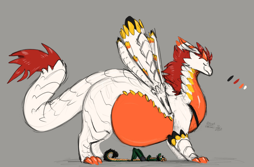 2021 anthro belly big_belly blush digital_drawing_(artwork) digital_media_(artwork) dragon duo eyes_closed feral hi_res looking_at_another looking_up lying macro on_back orange_belly raster_dreams signature simple_background size_difference tail white_body