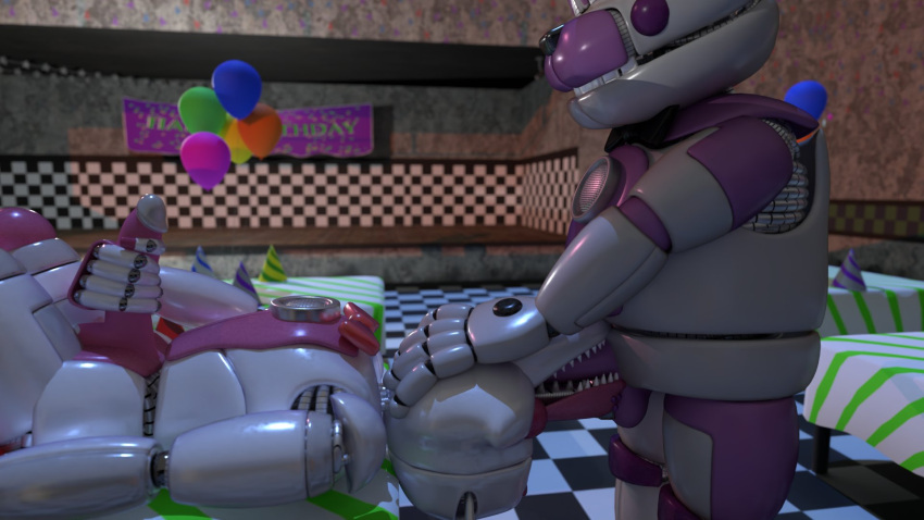 animatronic balloon bear canid canine colored_nails duo face_fucking fellatio five_nights_at_freddy's fox funtime_foxy_(fnaf) funtime_freddy_(fnafsl) hand_on_chin hi_res humanoid inflatable irrumatio lying machine male male/male mammal masturbation nails on_back oral penile pink_body pink_nails pink_tail pizzeria purple_body red_bow robot scottgames sex sharp_teeth sister_location slithinet tail teeth unknown_artist white_body