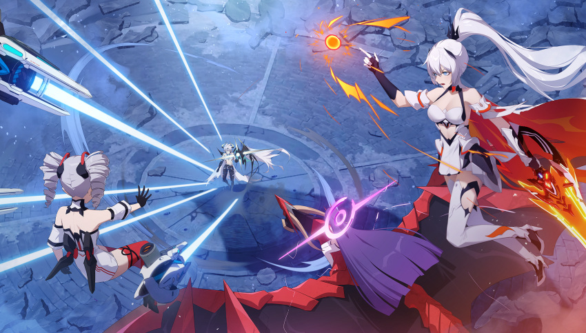 1boy 3girls ahoge antenna_hair armor armored_leotard asymmetrical_gloves bare_shoulders battle black_gloves blue_eyes bodysuit braid breasts bronya_zaychik cape cleavage cross cross_earrings cutout_above_navel diamond-shaped_pupils diamond_(shape) drill_hair earrings electricity elf enoch_(enoch1368) fighting fire flaming_sword flaming_weapon floating floating_object floating_weapon gauntlets gloves grey_eyes grey_hair hair_between_eyes hair_ornament highres holding holding_sword holding_weapon honkai_(series) honkai_impact_3rd horns japanese_armor jewelry katana kevin_kaslana kiana_kaslana kiana_kaslana_(herrscher_of_flamescion) large_breasts long_hair mismatched_gloves multiple_girls oni_horns pointy_ears ponytail purple_eyes purple_hair raiden_mei raiden_mei_(herrscher_of_thunder) red_horns red_pupils short_hair single_gauntlet single_sleeve starfish_hair_ornament sword symbol-shaped_pupils thighhighs torn_cape torn_clothes twin_braids twin_drills very_long_hair weapon white_bodysuit white_hair