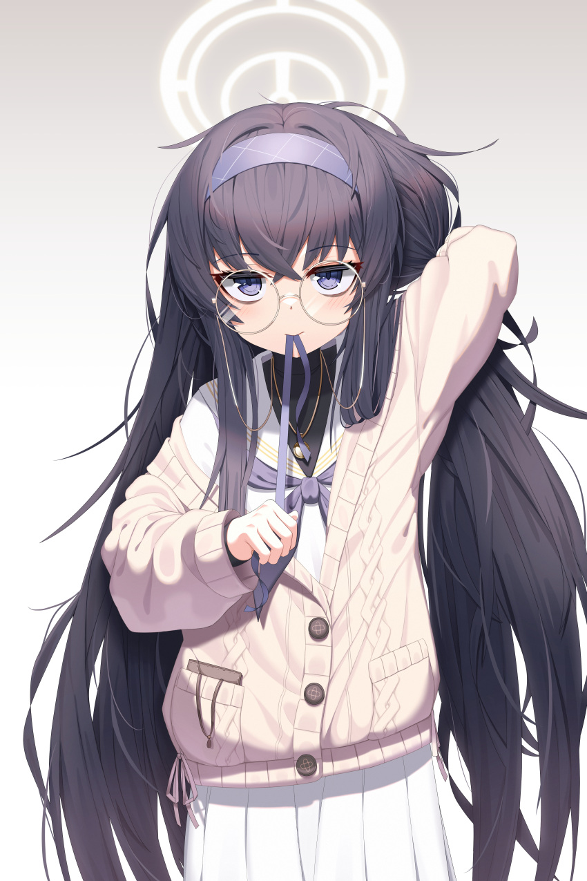 1girl absurdres ahoge bags_under_eyes black_hair blue_archive cardigan di_le_to gradient_background hair_between_eyes hairband highres holding long_hair long_sleeves looking_at_viewer messy_hair mouth_hold neck_ribbon pleated_skirt purple_eyes ribbon ribbon_in_mouth school_uniform skirt solo sweater ui_(blue_archive) very_long_hair white_hairband