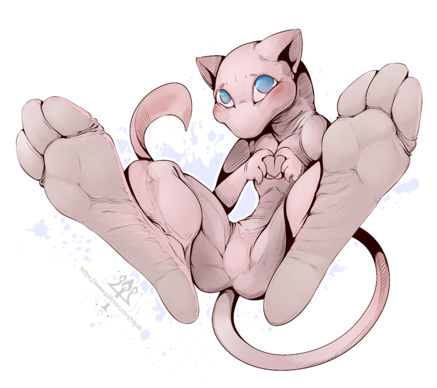 ambiguous_gender barefoot claws feet foot_fetish foot_focus generation_1_pokemon kredri legendary_pokemon mew_(pokemon) nintendo nude paws pokemon pokemon_(species) shy simple_background soles solo tail toe_claws toes
