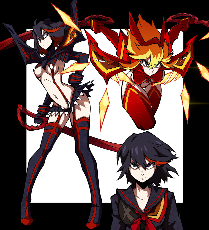 1girl absurdres black_hair blonde_hair boots breasts dual_wielding english_commentary glaring hair_between_eyes highres holding holding_sword holding_weapon kamui_(kill_la_kill) kekel kill_la_kill life_fiber living_clothes looking_at_viewer matoi_ryuuko microskirt multicolored_hair multiple_views navel outside_border red_hair revealing_clothes sailor_collar school_uniform scissor_blade_(kill_la_kill) senketsu senketsu-kisaragi serafuku short_hair skirt smile streaked_hair suspenders sword thigh_boots two-tone_hair underboob weapon