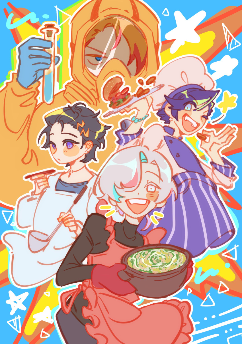 4boys absurdres apron astel_leda axel_syrios blue_eyes burger food hazmat_suit highres holoboisart holostars holostars_english kanade_izuru ladle looking_at_viewer multiple_boys open_mouth oven_mitts purple_eyes utsugi_uyu vial