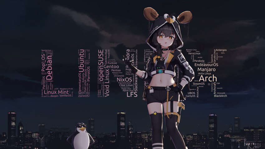 1girl absurdres animal bird black_gloves black_hair black_jacket black_thighhighs building chain choker cityscape commission cropped_jacket gloves highres hood hood_up hooded_jacket jacket jewelry krita_(medium) linux looking_at_viewer navel necklace night os-tan penguin pixiv_commission raviolimavioli solo sunglasses thighhighs tux yellow_eyes