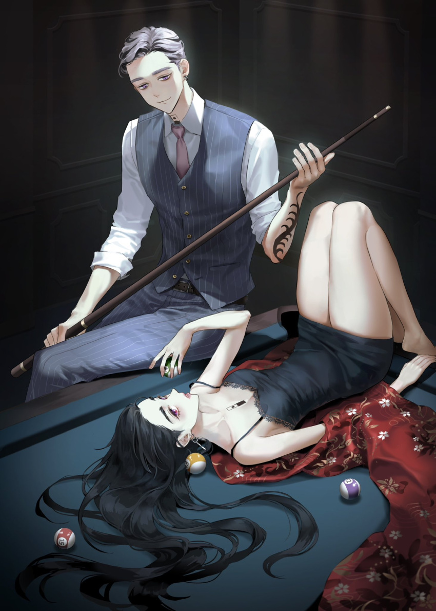 1boy 1girl arm_tattoo ball belt billiard_ball black_belt black_dress black_hair chest_tattoo closed_mouth collared_shirt cue_stick dress formal full_body genderswap genderswap_(mtf) grey_pants grey_vest haitani_ran highres holding holding_ball lawevy long_hair looking_at_another looking_at_viewer lying multicolored_hair neck_tattoo necktie on_back pants pink_necktie pool_table purple_eyes purple_hair shirt short_dress short_hair sleeveless sleeveless_dress sleeves_rolled_up smile table tattoo tokyo_revengers two-tone_hair vest white_shirt