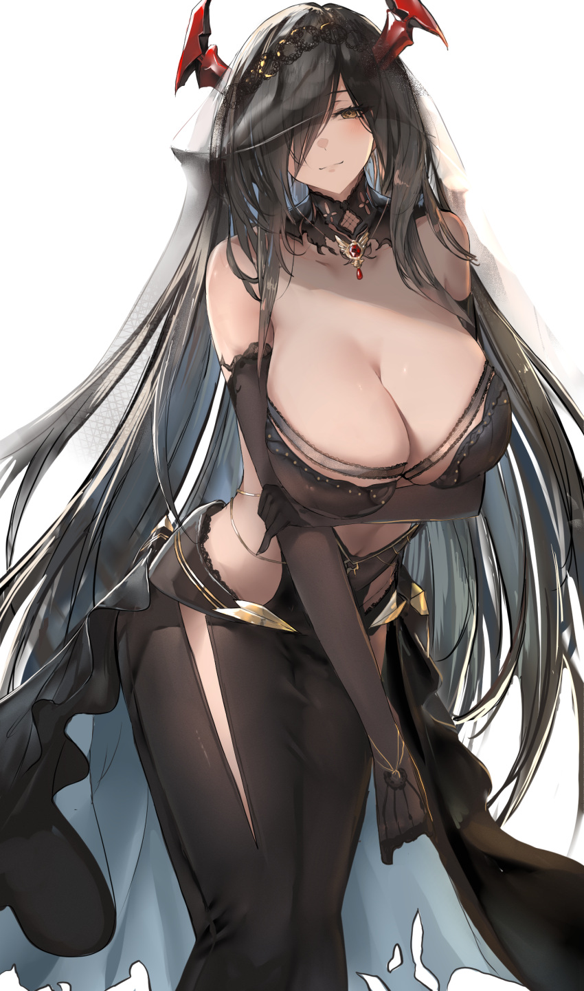 1girl absurdres azur_lane bare_shoulders black_gloves black_hair blush breasts brooch cleavage commentary elbow_gloves english_commentary friedrich_der_grosse_(azur_lane) gloves highres horns jewelry large_breasts leaning_forward liaowen long_hair looking_at_viewer simple_background smile solo white_background